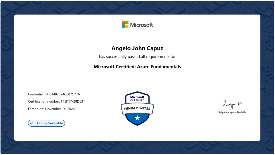 AZ-900 Azure Fundamentals Certificate